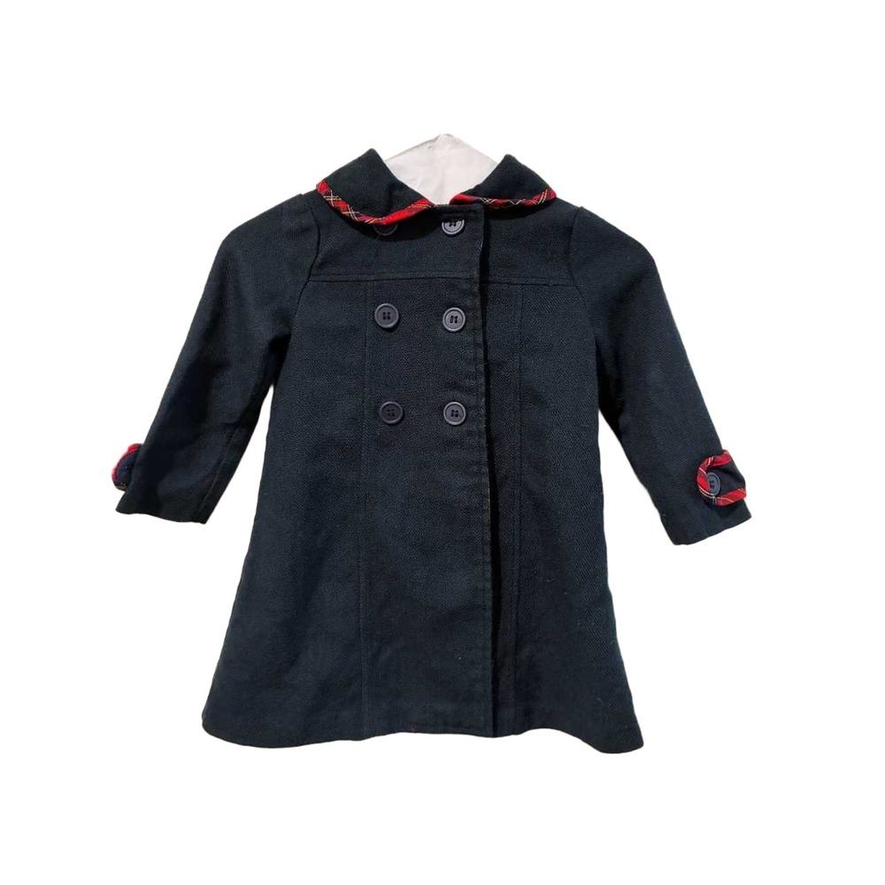 Vintage Little Bitty Girls Navy Blue Plaid Trim Double Breasted Pea Coat 3T